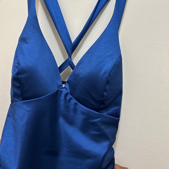NWOT B. Darlin Sleeveless Satin X-Back Long Marine Blue Dress- Size 13/14 - Picture 7 of 13